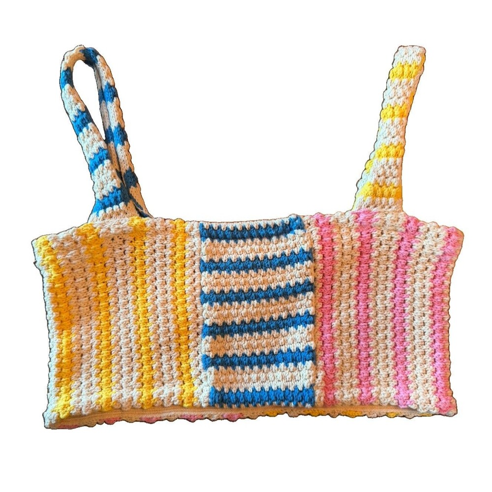Zara NWT Women’s S Crochet Knit Tote Bag Multicolor Striped Cotton Boho